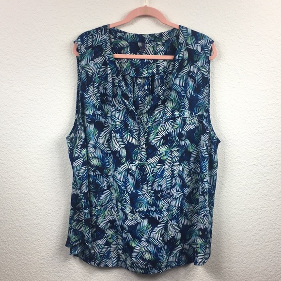 NYDJ Tops - NYDJ 3X Blouse Tank Top Blue Green Leaves Button